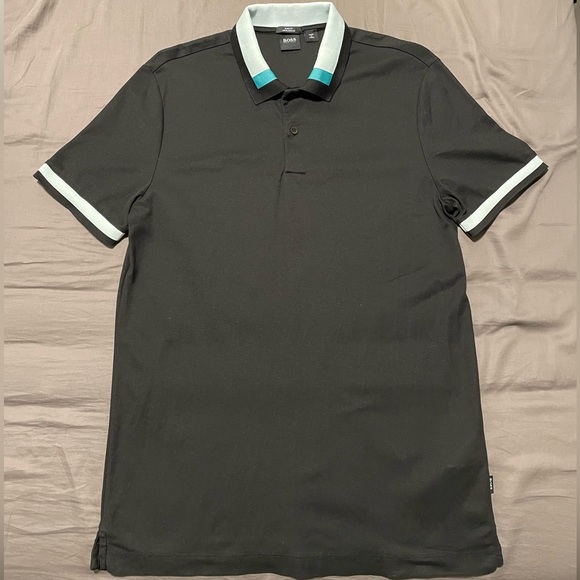 Hugo Boss Other - Hugo Boss Polo Shirt Black Medium Slim Short Sleeves Green White Stripes Golf T